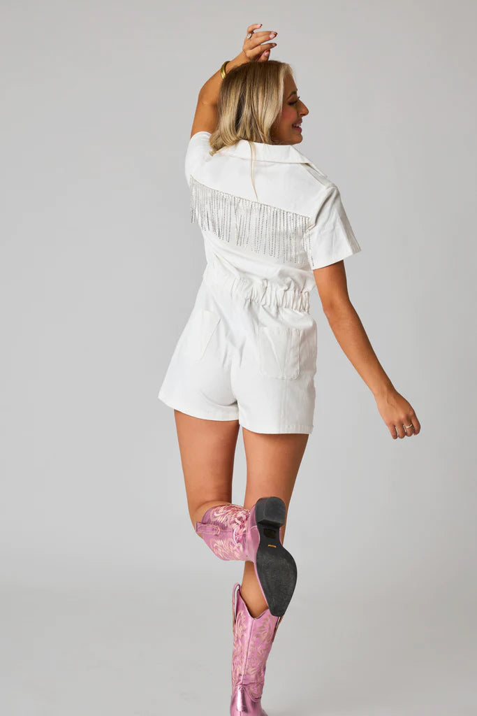 Jessie Bride Crystal Fringe Romper- White